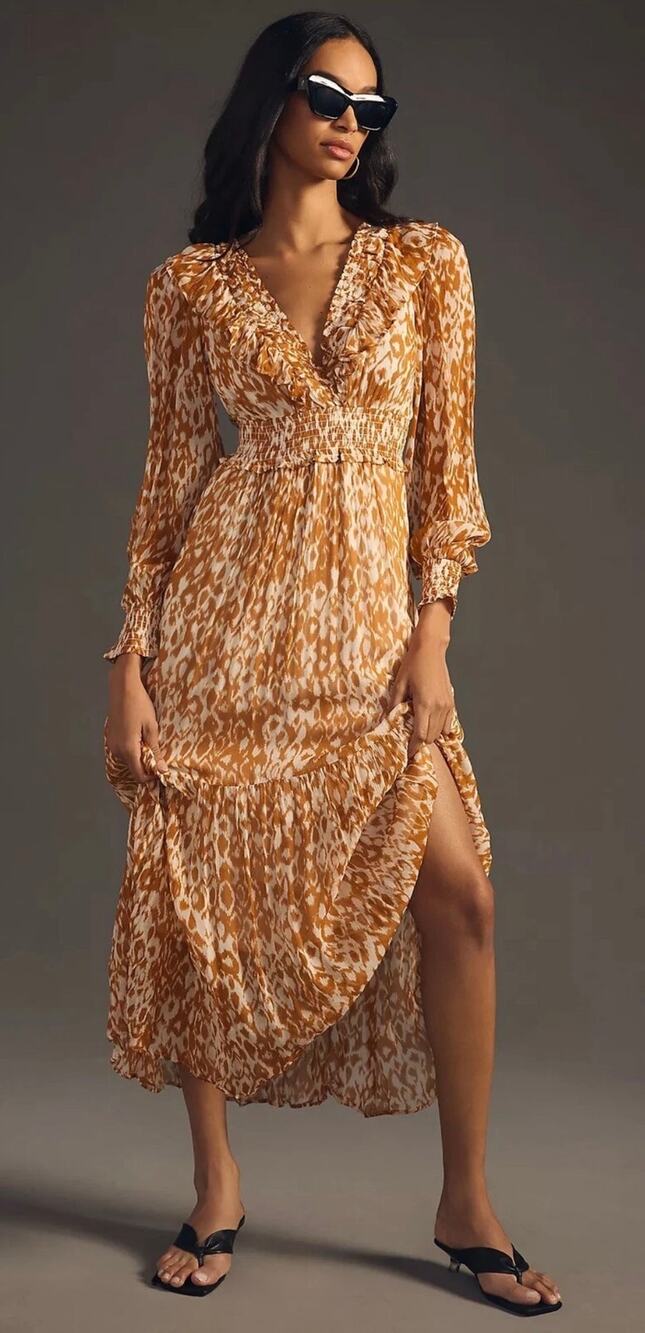 Anthropologie The Odetta Ruffled V-Neck Maxi Dress Yellow Leopard size XS